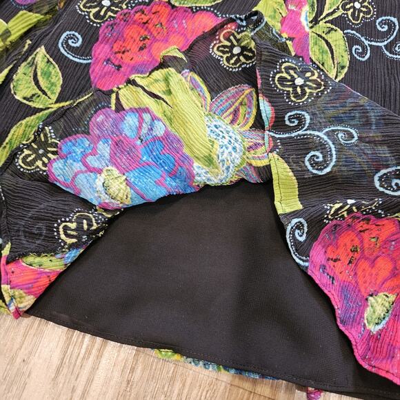 Vtg Chicos Floral Silk Midi Skirt Womens 2/Medium Black Ruffle Boho Artsy Grunge - Picture 4 of 8
